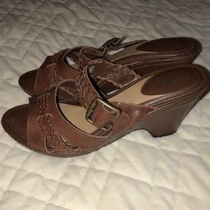 Wedge-heeled, brown, sandals